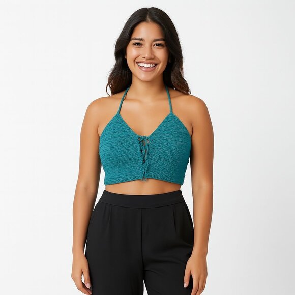 Hayden Los Angeles Crochet Halter Top Teal Festival Boho Summer Y2K NWT One Size - Picture 5 of 10